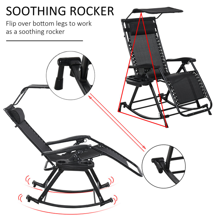 Folding Zero-Gravity Garden Rocking Chair - Outdoor Adjustable Recliner with Headrest and Side Holder, Patio Deck Rocker - Ideal for Relaxation and Sunbathing, Black