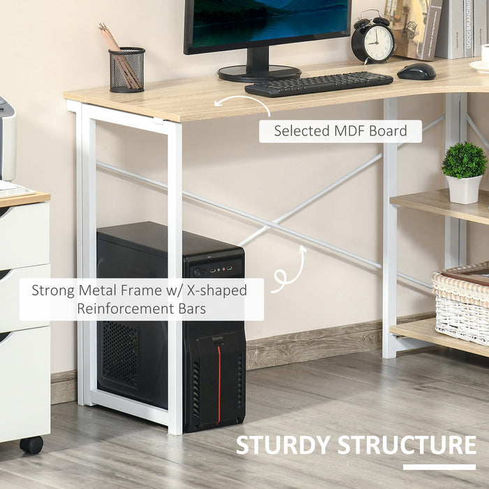 L-Shaped Folding Desk - Oak-Toned Home Office Corner Workstation with Storage Shelves - Space-Saving Study Table for Students & Professionals