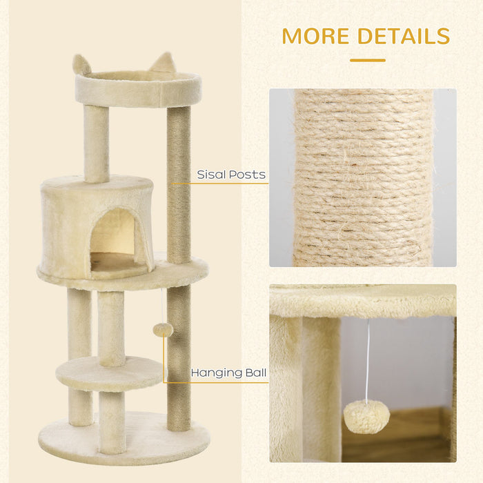 Sisal-Covered Cat Tree Tower - Beige Scratching Post and Activity Center, 48x48x104cm - Ideal for Active Cats and Scratch Training