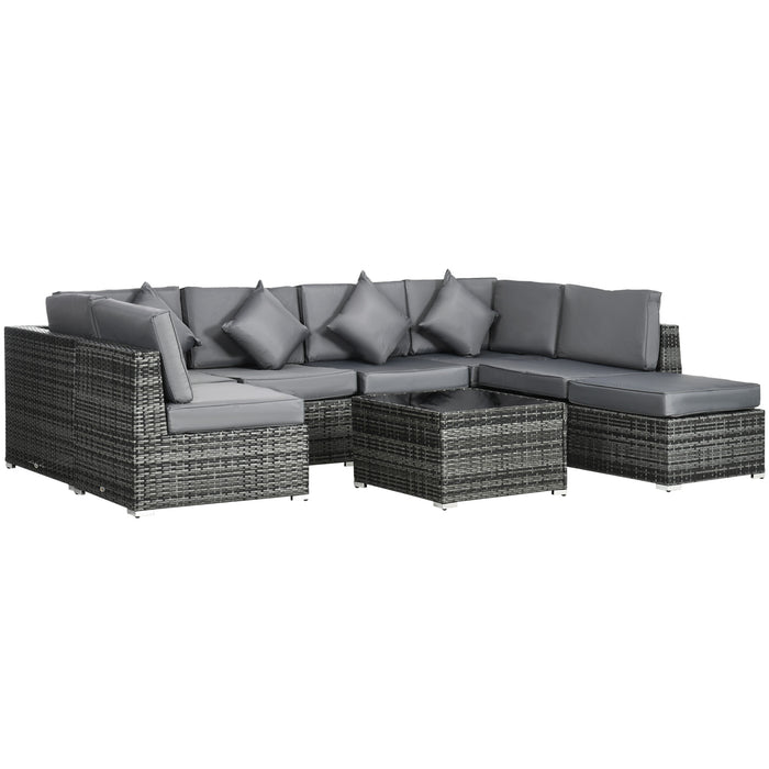 PE Rattan 8-Piece Corner Sofa Set - Outdoor Patio Wicker Furniture with Washable Cushion Covers and Tempered Glass Table - Grey, Comfortable Seating for Garden & Deck Spaces