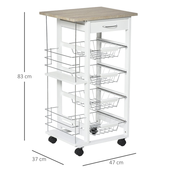 Kitchen Utility Cart with Wheels - 4 Basket Drawers & Side Racks for Storage - Mobile Organizer for Dining Room, Brown