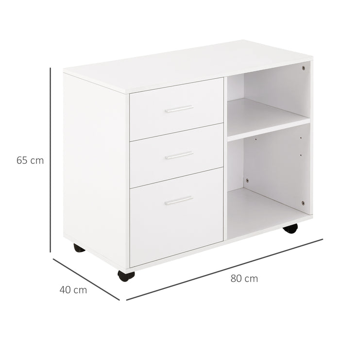 Mobile Printer Stand with Storage - Freestanding Office Desk Side Unit on Wheels with 3 Drawers and 2 Open Shelves, 80x40x65cm - Sleek Modern Design in White for Workspace Organization