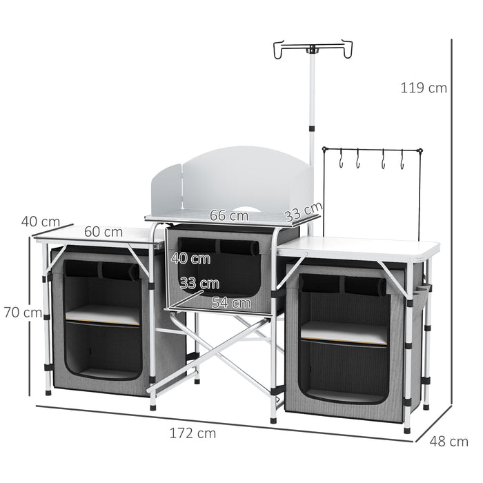 Portable Aluminum Camping Kitchen Station - Foldable Table with 3 Fabric Storage Cupboards, Windshield, Light Holder - Ideal for BBQ, RV Trips, and Outdoor Picnics