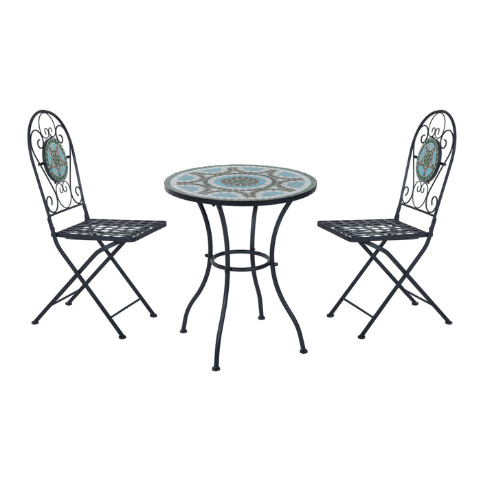 3pc Bistro Set - Metal Mosaic Dining Table with 2 Folding Chairs for Garden and Patio - Charming Outdoor Seating for Couples