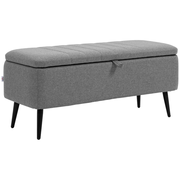 Upholstered Storage Ottoman Bench with Flip Top - Grey Linen Fabric Rectangular Footrest with Durable Steel Legs - Space-Saving Solution for Living Room and Bedroom