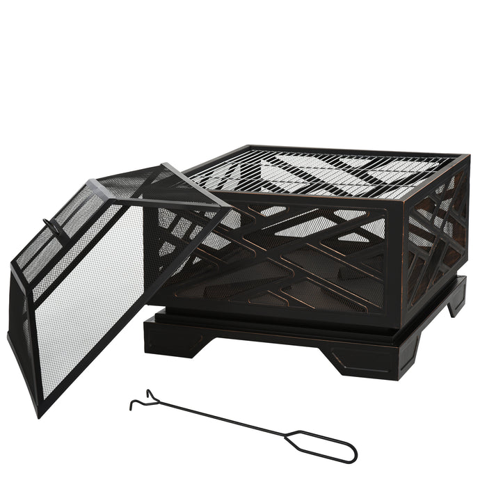 2 in 1 Square Fire Pit and BBQ Grill - 66cm Metal Brazier with Spark Screen Cover and Poker for Garden, Patio - Ideal for Outdoor Heating and Grilling