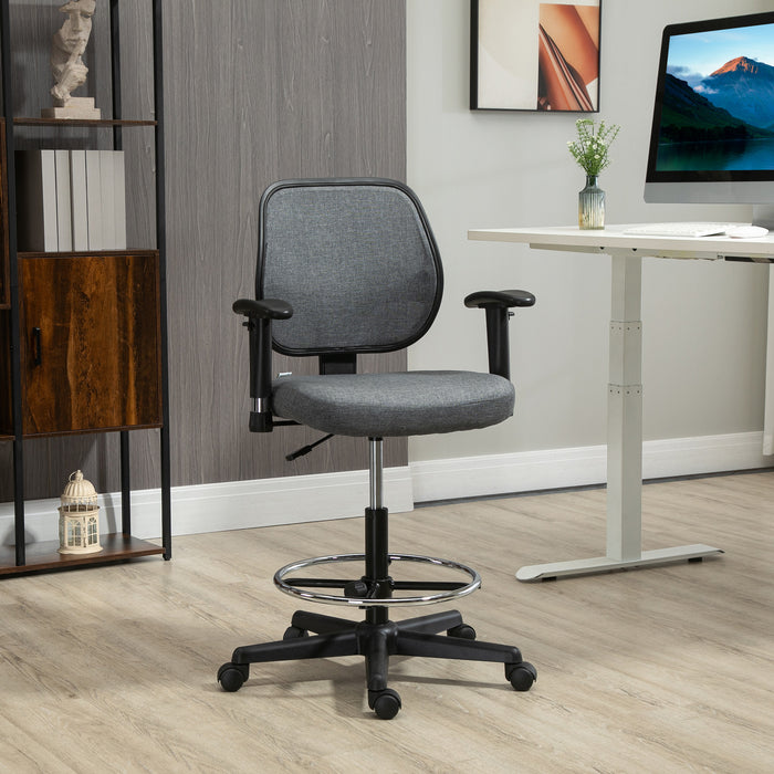 Adjustable Tall Drafting Chair with Footrest Ring - Ergonomic Fabric Chair for Standing Desks with Swivel Wheels, Armrests, Grey - Ideal for Designers and Architects