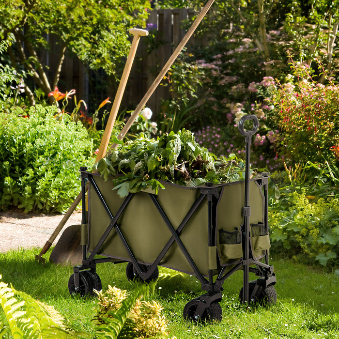 Folding Outdoor Utility Wagon with Wheels - Collapsible Garden & Camping Cart, Durable Steel Frame with Oxford Fabric - Ideal for Yard Work and Outdoor Adventures, Green