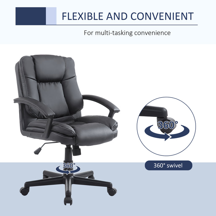 Ergonomic Swivel Mid-Back Chair - Faux Leather Executive Computer Desk Chair with Double Padding and Armrests - Ideal for Home Office Comfort and Mobility