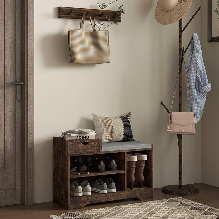 Modern Upholstered Entryway Bench with Shoe Storage - Shoe Bench with Drawer and 3 Open Shelves - Ideal for Hallway Organization and Seating