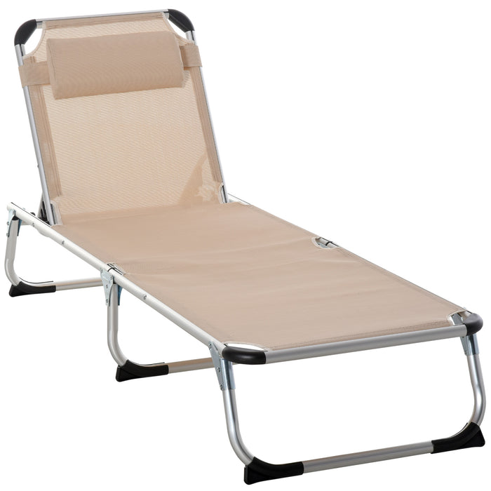 Foldable 5-Position Reclining Sun Lounger with Pillow - Lightweight Aluminum Frame Camping Bed & Chair - Ideal Outdoor Relaxation for Patio, Beach, & Poolside