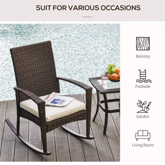 Rattan Rocking Chair - Patio Bistro Relaxer Seat with Wicker Weave and Cushion - Ideal for Garden Comfort and Outdoor Lounging, Brown