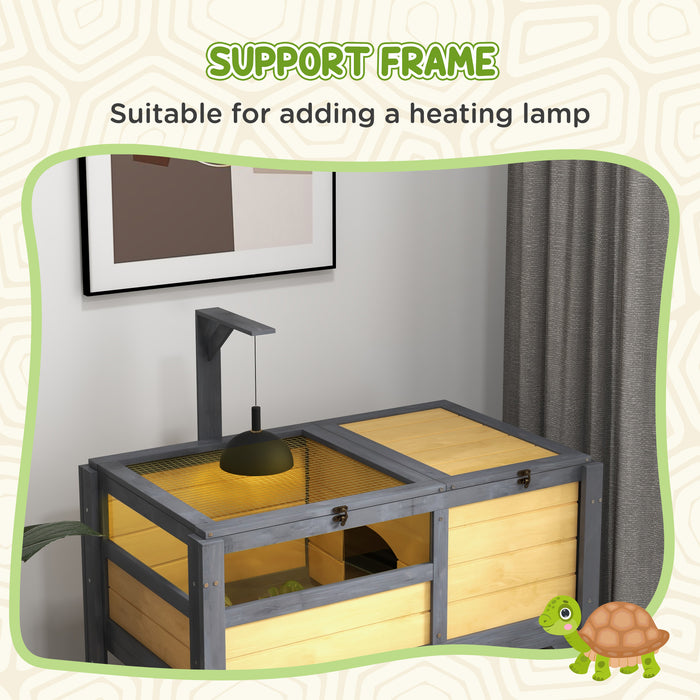 Tortoise Habitat Home - Wooden Enclosure with Shelter, Run Area, Basking Shelf & Lamp Holder - Ideal for Reptile Safety and Comfort