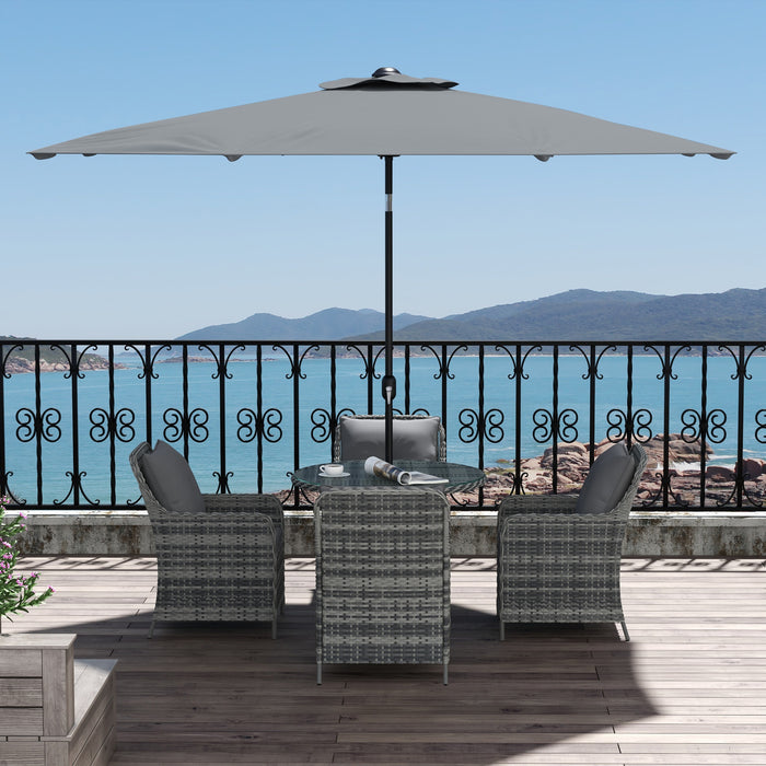 4 Seater Rattan Garden Dining Set with Tempered Glass Top - Includes Umbrella and Cushions for Outdoor Comfort - Perfect Patio Furniture for Family Meals and Entertaining