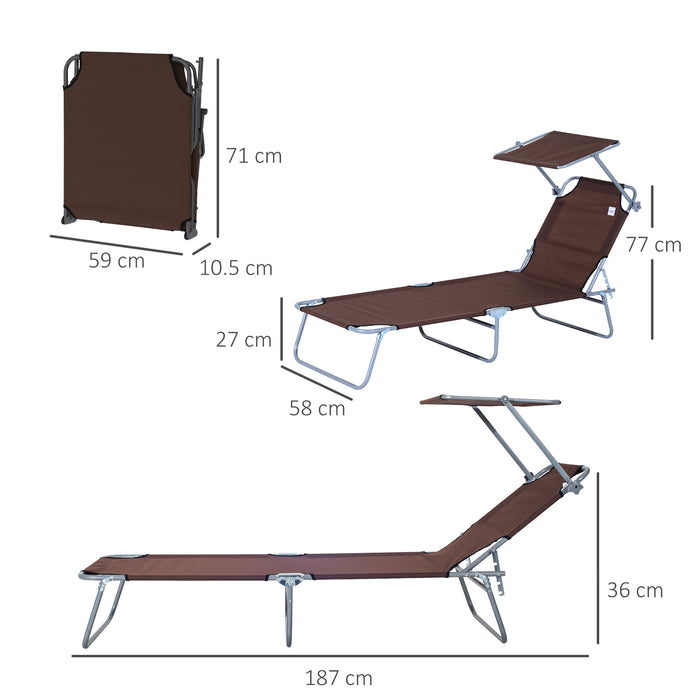 Folding Sun Lounger with Adjustable Reclining Chair - Beach and Garden Patio Recliner with Sun Shade Canopy, Brown - Ideal for Outdoor Relaxation and Sunbathing