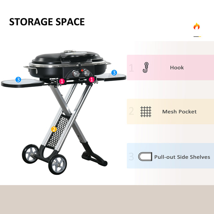 Foldable 2-Burner Gas BBQ Grill with Thermometer - Space-Saving Garden Barbecue Trolley, Piezo Ignition, Side Shelves - Outdoor Grilling Convenience for Patio and Backyard Cookouts