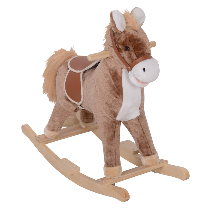 Plush Brown & White Rocking Horse for Kids - Soft Toy Ride with Sturdy Wood Base - Classic Children’s Nursery Decor and Playroom Entertainment