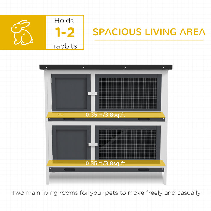 Double Decker Rabbit Hutch - 2-Tier Guinea Pig House with Sliding-Out Tray, 100x47x91cm, Grey - Ideal Outdoor Pet Cage for Small Animals