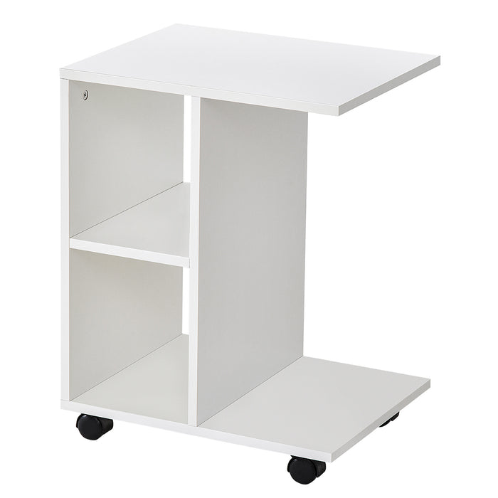 C-Shape Side Table with Storage - Freestanding End Table with 2 Shelves and 4 Wheels - Ideal for Home Office, Studio Organization in White