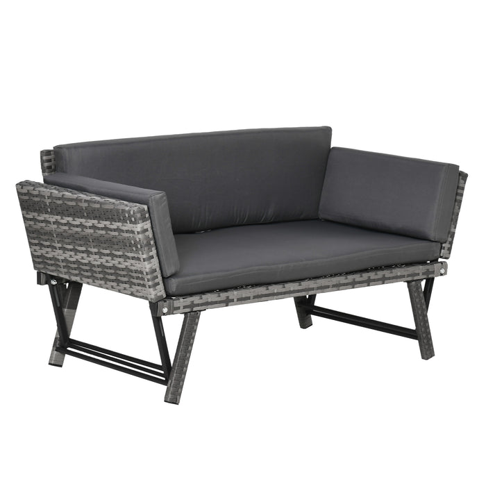 Rattan Folding Daybed Sofa Bench - 2-Seater Garden Chaise Lounge with Cushion, Outdoor Loveseat, Grey - Ideal for Patio Relaxation and Comfort