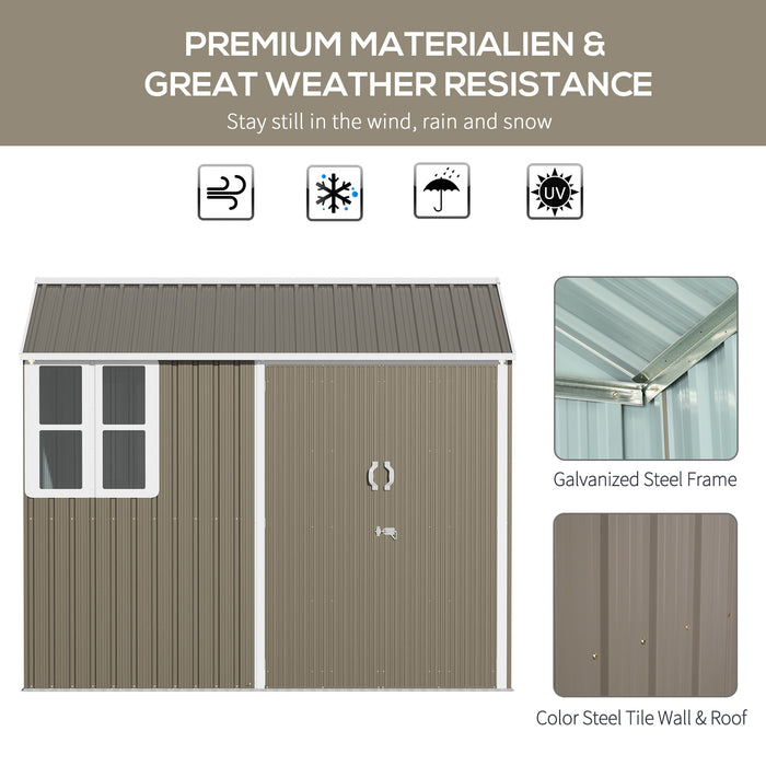 Metal Garden Storage Shed 8x6ft with Corrugated Roof - Lockable Double Door Tool Box with Window, Grey - Ideal for Patio Equipment and Tool Organization