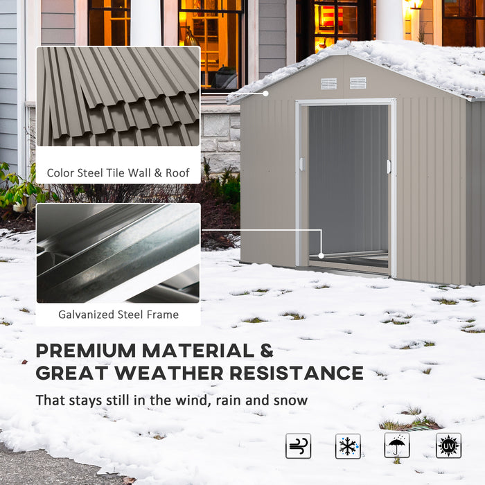 Metal Storage Shed 13x11ft - Outdoor Garden Organizer with Foundation, Ventilation, and Doors - Spacious Solution for Tools and Equipment Storage, Light Grey