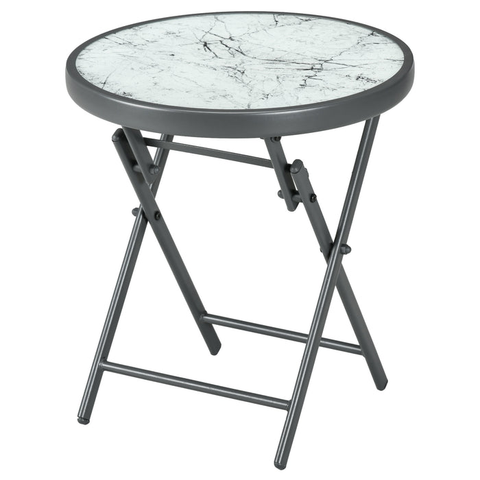 45cm Round Outdoor Side Table - Folding Patio Table with Imitation Marble Glass Top, Compact White Coffee Table - Ideal for Small Spaces & Garden Decor