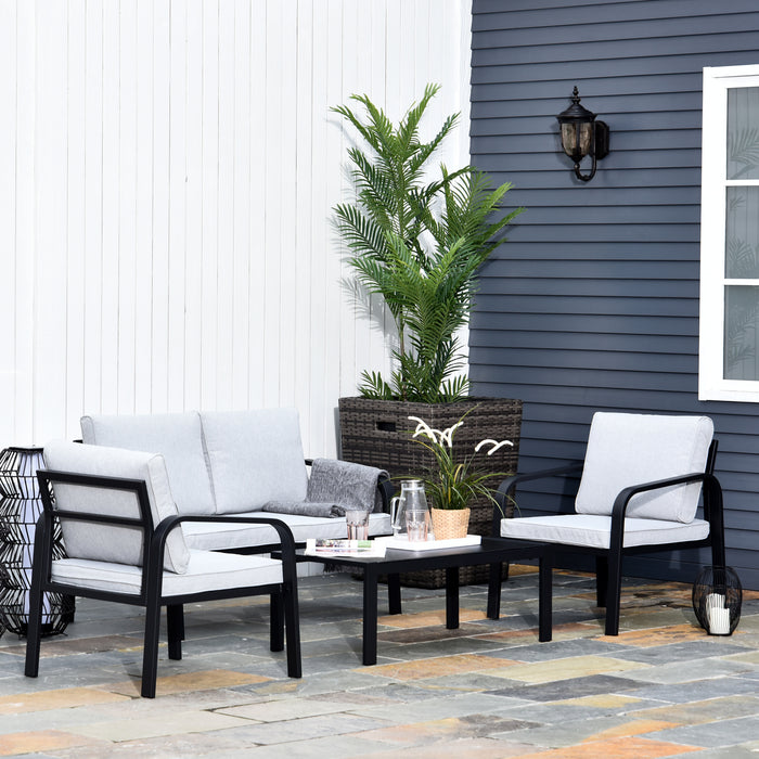 Aluminium Frame 4-Piece Garden Dining Set - Includes 2 Chairs, Sofa, Glass Top Table, and Foam Cushions, Contemporary Design - Perfect for Outdoor Entertainment and Relaxation in Grey and Black