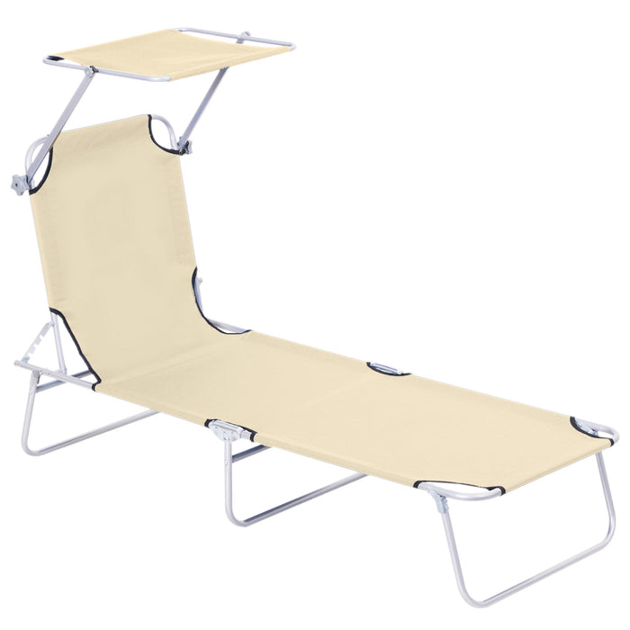 Folding Sun Lounger with Recline and Awning - Beach and Garden Patio Chair, Beige, Adjustable Comfort - Perfect for Outdoor Relaxation and Sunbathing