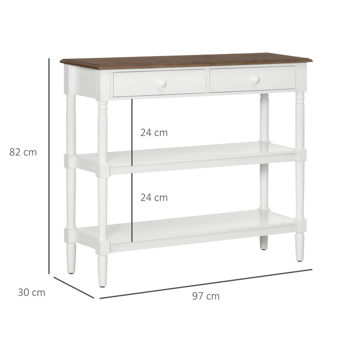 Modern Console Table with Pine Wood Legs - Storage Shelves and Drawers, Narrow Sofa Table for Living Room and Entryway - Stylish White Hallway Organizer for Home Decor