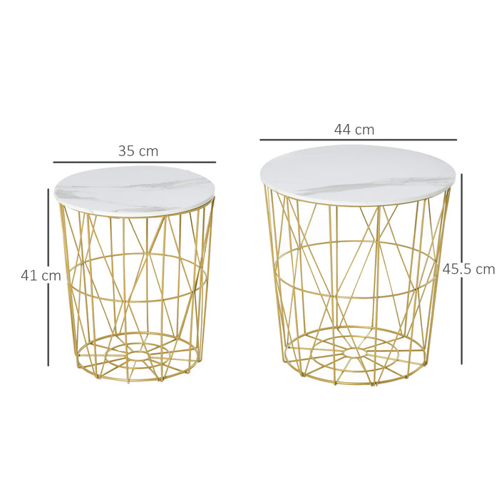 Round Nesting Side & End Tables with Storage - Steel Frame with Removable Tops, Set of 2 in White - Space-Saving Furniture for Small Apartments