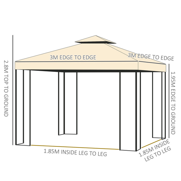 Double Top Gazebo - 3x3m Weather-Resistant Outdoor Shelter in Beige - Ideal for Garden Parties and Events