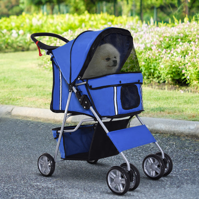 Foldable Dog and Cat Stroller with Zipper Entry - Portable Pet Carriage for Small Miniature Animals, Smooth Wheels, Storage Basket - Ideal for Travel and Outdoor Use with Convenient Cup Holder