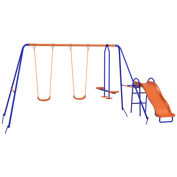 4-in-1 Metal Garden Swing Set - Double Seat Swings, Glider, Slide, Ladder in Vibrant Orange - Outdoor Fun for Kids and Family