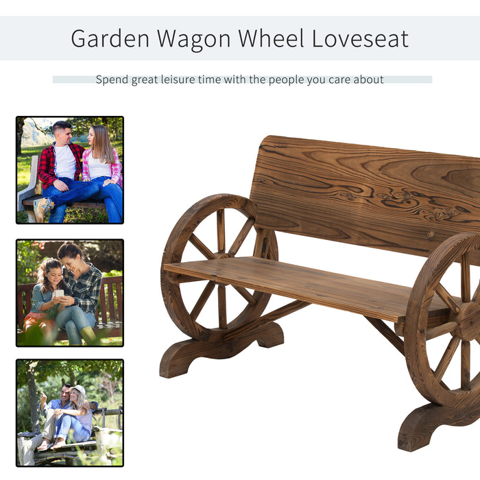 Wooden Cart Wagon Wheel Bench - 2-Person Rustic High-Back Garden Loveseat with Burnt Stain Finish - Charming Outdoor Seating for Couples and Decor Enthusiasts