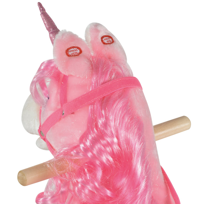 Plush Unicorn Rocking Horse - Soft Pink Ride-On Toy with Sound Effects - Entertaining and Soothing Play for Children