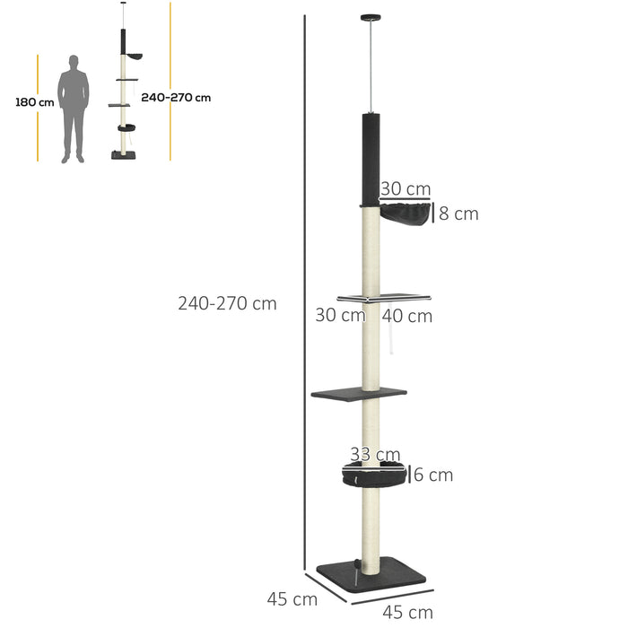 Floor-to-Ceiling 5-Tier Cat Tower - Adjustable Height Multi-Level Climbing Tree with Scratching Posts, Black - Ideal for Active Cats and Kittens