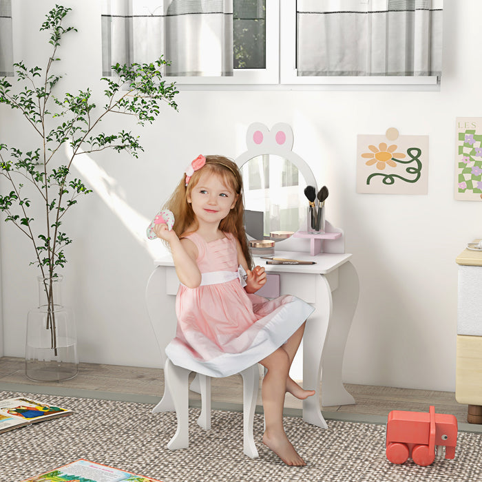 Bunny-Design Children's Vanity Set - Play Dressing Table with Mirror and Matching Stool, White and Pink - Perfect for Creative Play and Dress-Up Fun