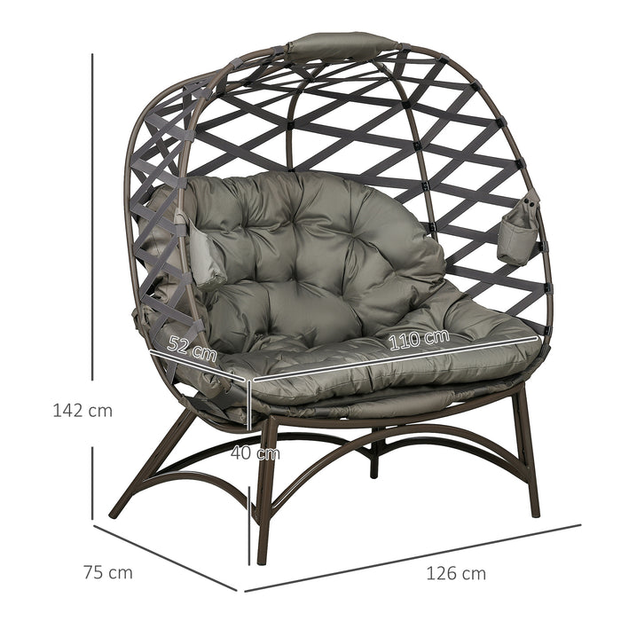 Folding 2-Seater Outdoor Egg Chair with Cushion - Woven Design with Cup Holder Pockets, Sand Brown - Ideal Garden Loveseat for Relaxing and Entertaining