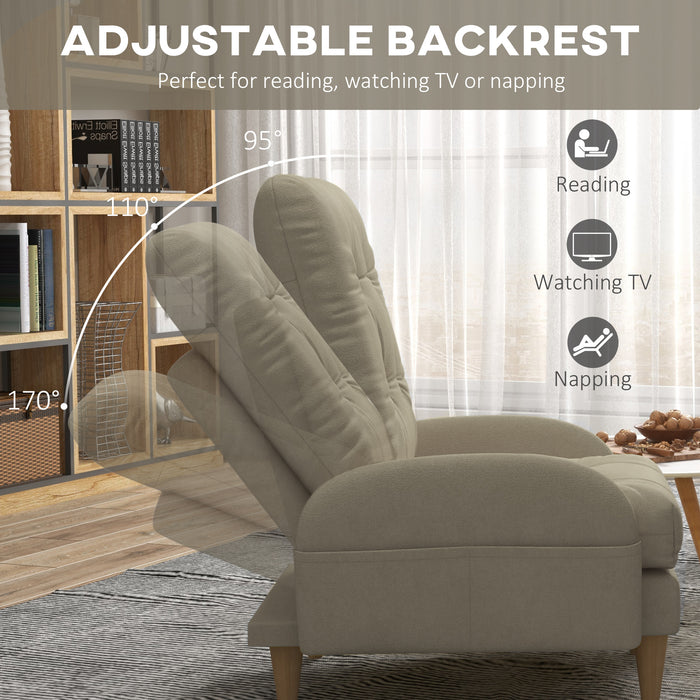 Modern Beige Upholstered Armchair and Footstool Set - Button Tufted Accent Chair with Adjustable Backrest, Cushions, Wooden Legs, and Side Pockets - Comfortable Seating Solution for Living Room or Reading Nook