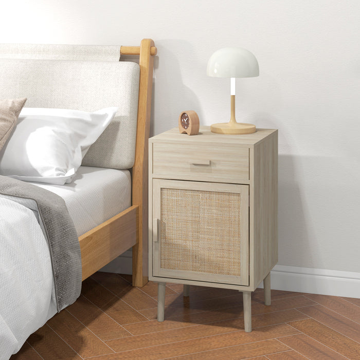 Rattan Side Tables with Adjustable Shelf and Storage - Set of 2 Bedside Cabinets with Drawer in Natural Wood Effect - Ideal for Bedroom and Living Room Organization