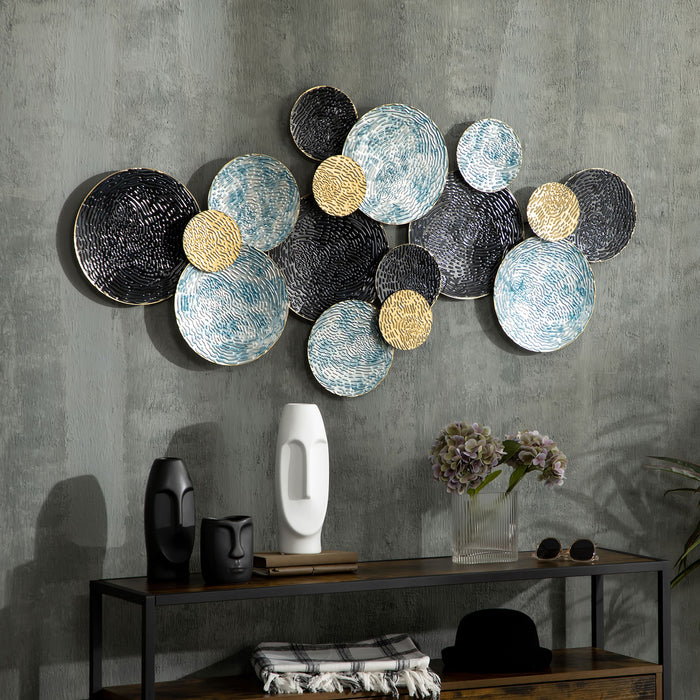 Modern 3D Circle Wall Sculptures - Blue Black Gold Metal Wall Art for Home Decor - Contemporary Accent for Living Room, Bedroom, Dining Room