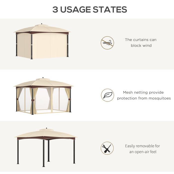 4 x 3m Patio Gazebo - Double Tier Roof Garden Canopy Shelter with Removable Netting and Curtains - Ideal for Lawn and Poolside Relaxation, Khaki Color