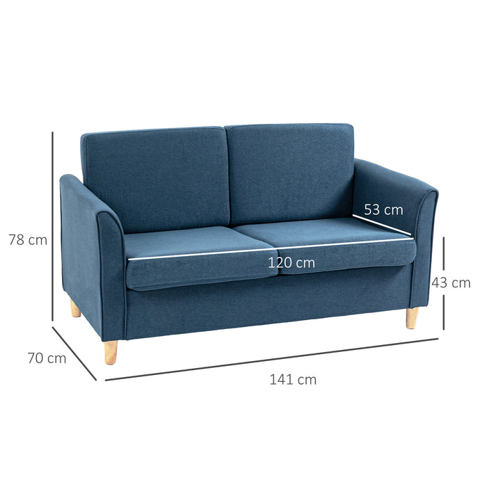 Modern Compact Loveseat - 2-Seater Sofa with Wooden Legs and Armrests in Blue - Ideal for Small Living Spaces