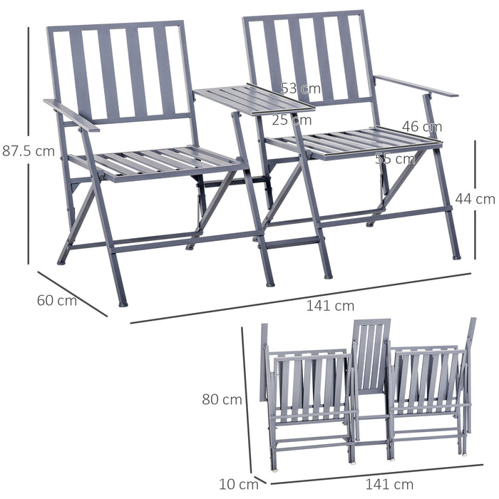 Steel Double-Seater Folding Loveseat Bench with Center Table - Slatted Companion Patio Chair for Garden and Balcony - Outdoor Twin Seating Solution in Grey