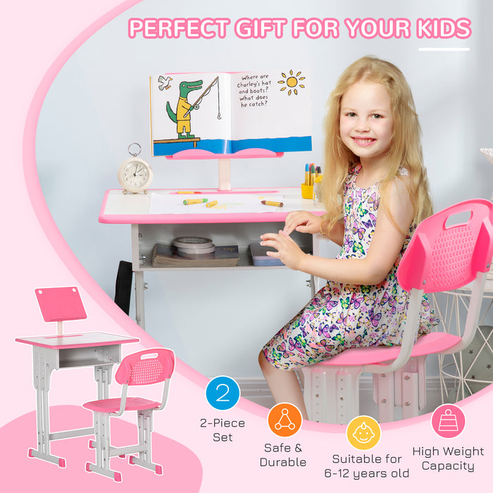 Kids Study Desk and Chair Combo - Adjustable Height, Storage Drawer, Book Stand, Cup Holder, Pen Holder - Ideal for Homework and Art Projects