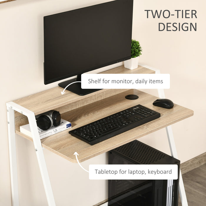 White and Oak Writing Desk - Computer Table with Storage Shelf for Home Office - PC Laptop Workstation for Remote Work and Study