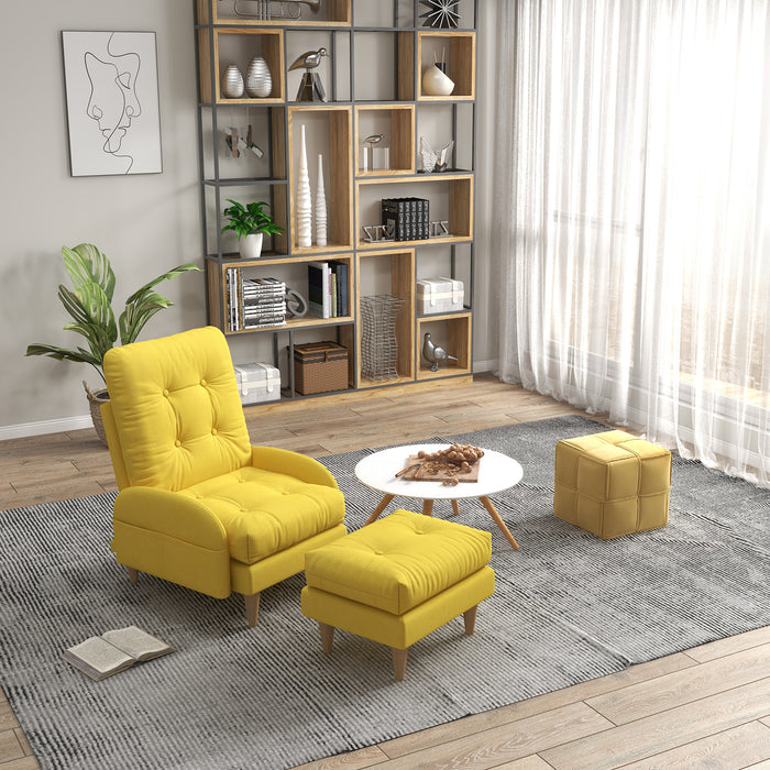 Modern Button-Tufted Upholstered Armchair and Footstool Combo - Adjustable Backrest, Side Pockets, Wood Legs, with Plush Cushions - Perfect for Relaxation and Contemporary Home Decor, Sunny Yellow