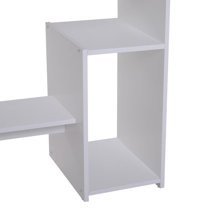 Modern White Wooden Office Desk - Corner Table with Keyboard Tray and Storage Shelf - Ideal for Home Office Organization