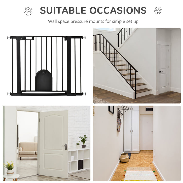 Extra Wide 75-103 cm Pet Safety Gate with Small Door - Pressure Fit Stair Barrier, Auto Close, Double Locking, Ideal for Doorways and Hallways - Child & Pet Proofing in a Sleek Black Design